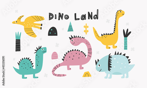 Cute Dinosaurs collection in cartoon style. Colorful cute baby illustration is ideal for a children s room Vector illustration Design element