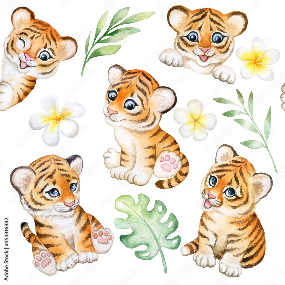 Fototapeta premium Tiger baby seamless pattern with tropical plants, toy, tiger cub watercolor isolated on white background. Animal. Watercolor. Illustration. Tropical leaves. Plumeria flowers