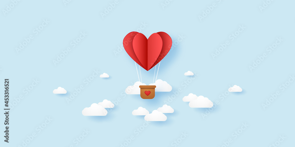 Valentines day, Illustration of love, red folded heart hot air balloon flying in the sky, paper art style