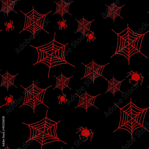 Hand drawn seamless Halloween pattern.The contours of the spiders and cobweb on a black background. Vector illustration.