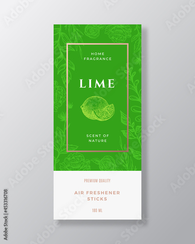 Lime Home Fragrance Abstract Vector Label Template. Hand Drawn Sketch Flowers, Leaves Background and Retro Typography. Premium Room Perfume Packaging Design Layout. Realistic Mockup. Isolated