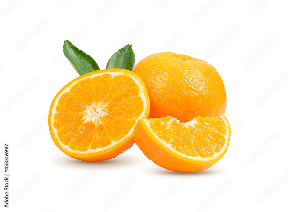 Fresh orange with leaves on white background Fresh orange with leaves on white background