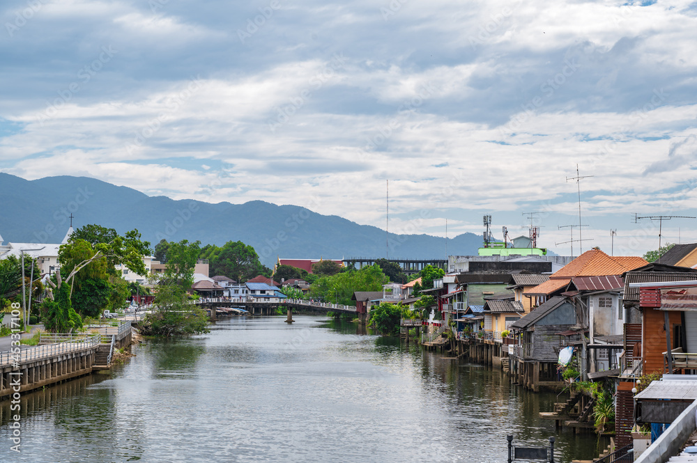 Landscape of Chanthaburi river with the building of Chanthaboon Waterfront.Chanthaboon is the ancient waterfront community located on the west side of Chanthaburi River