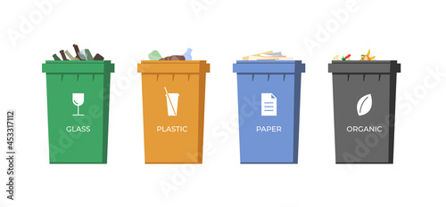 Trash sorting containers. Paper, glass, plastic and organic garbage in colourful bins for recycling. Rubbish dustbin isolated set. Waste management utilization icons. Save environment and ecology eps