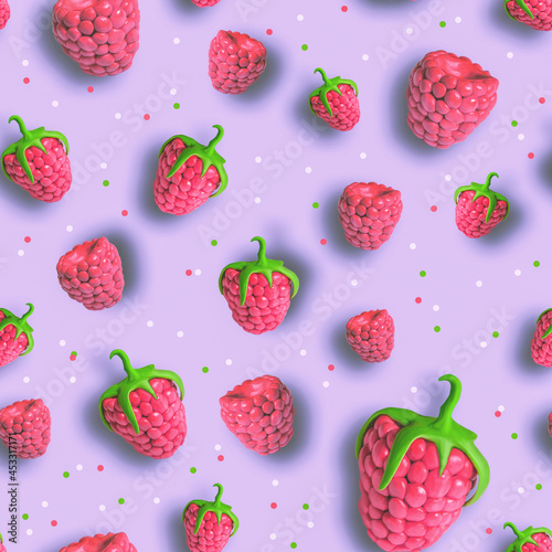 Fototapeta Naklejka Na Ścianę i Meble -  Trendy sunlight Summer pattern made with raspberry on bright light purple background. summer concept. Plasticine 3D illustration