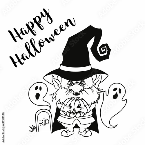 Gnome for halloween linear, pumpkin Potions Spider web and spider, trick or treat, design for thanksgiving day, cartoon spooky dwarf Vector line art for printable greeting cards and coloring pages