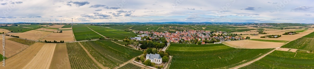 Panorama from a bird's eye view of the vineyards near Udenheim / Germany in Rheinhessen with the mountain church 