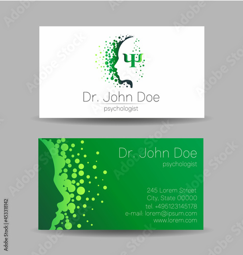 Fototapeta Naklejka Na Ścianę i Meble -  Psychology Vector Business Visit Card with Letter Psi Psy Modern logo in Green Color Creative style. Human Head Profile Silhouette Design concept for Branding Company