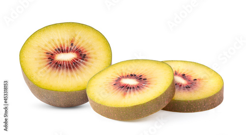 Slice of red kiwi on the white background.