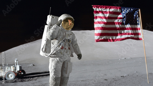 3D rendering. Astronaut saluting the American flag. CG Animation. Elements of this image furnished by NASA.