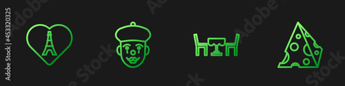 Set line French cafe, Eiffel tower with heart, mime and Cheese. Gradient color icons. Vector