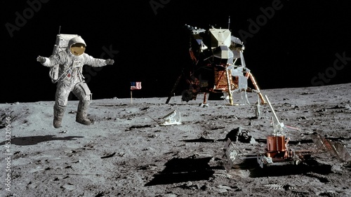 3D rendering. Astronaut jumping on the moon. CG Animation. Elements of this image furnished by NASA.