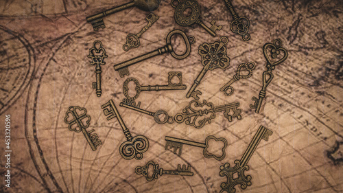 Fototapeta Naklejka Na Ścianę i Meble -  Skeleton Keys On Map 