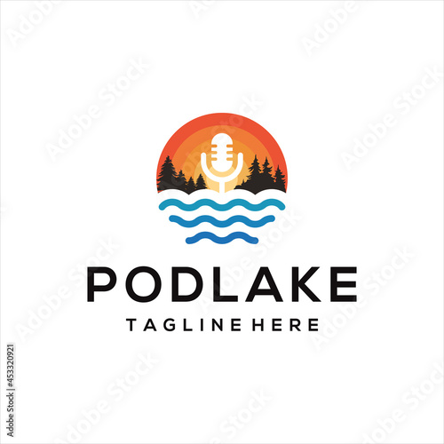 podcast mic microphone design logo and lake logo.