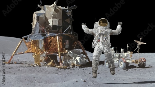 3D rendering. Astronaut jumping on the moon. CG Animation. Elements of this image furnished by NASA.