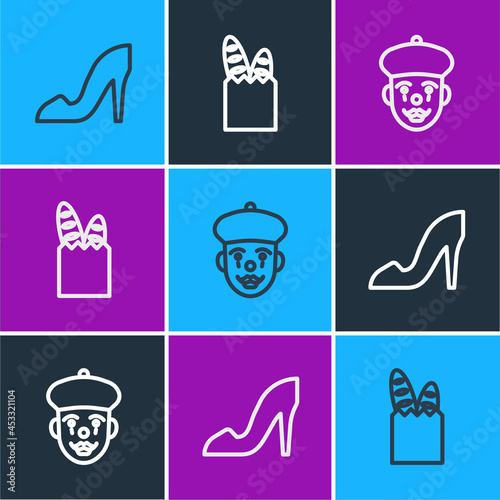 Set line Woman shoe, French mime and baguette bread icon. Vector