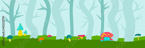 Fabulous banner with bright mushrooms in the forest. Background for children's play. Mystical forest. Vector illustration.