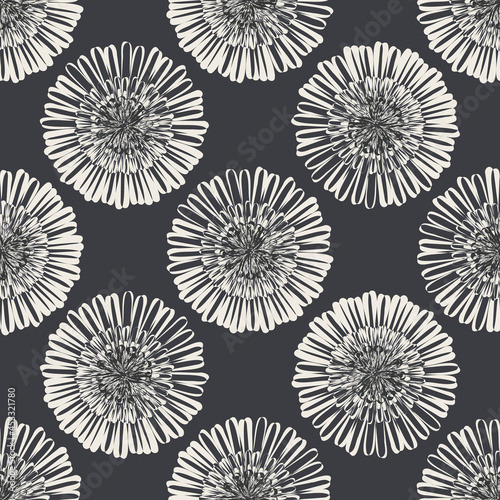 Modern abstract aster flower seamless pattern background. Geometric repeat with white black fall florals on light backdrop. Botanical lino print style design. Simple monochrome nature garden print