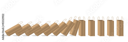 Realistic brown paper shopping bags with domino effect on white background.