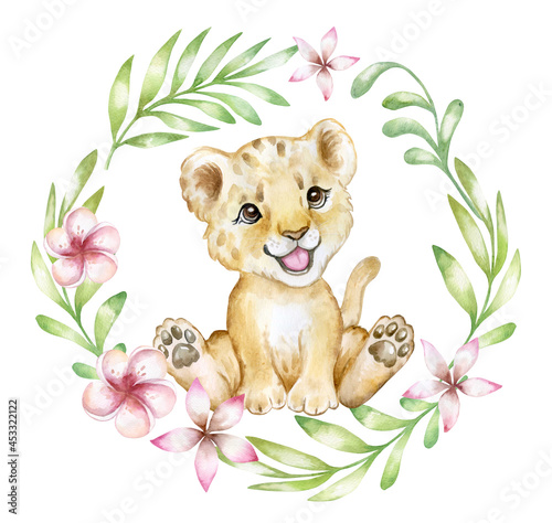 Cute lion cub  in tropical plants  leaves and flowers isolated on white background. Lion baby. African animals. Safari. Illustration. Template. Hand drawn. Greeting card design. Clip art.