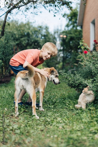 Boy playing with cat and dog in garden.
