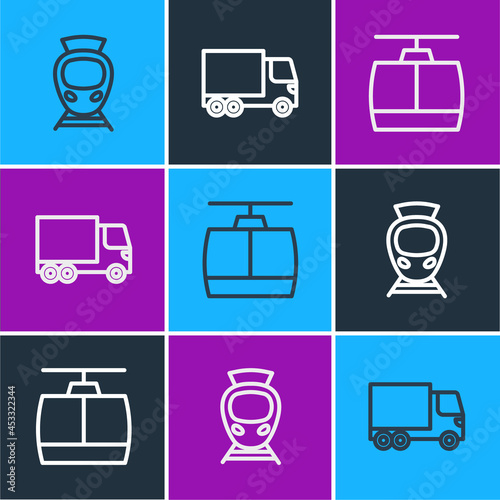 Set line Tram and railway, Cable car and Delivery cargo truck icon. Vector