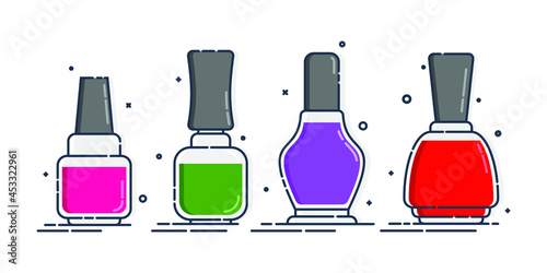 Cosmetic container nail polish in row. Female fashion product. Traditional plastic or glass bottle design. Fashion & style illustration. Closeup on white backdrop. Isolated object