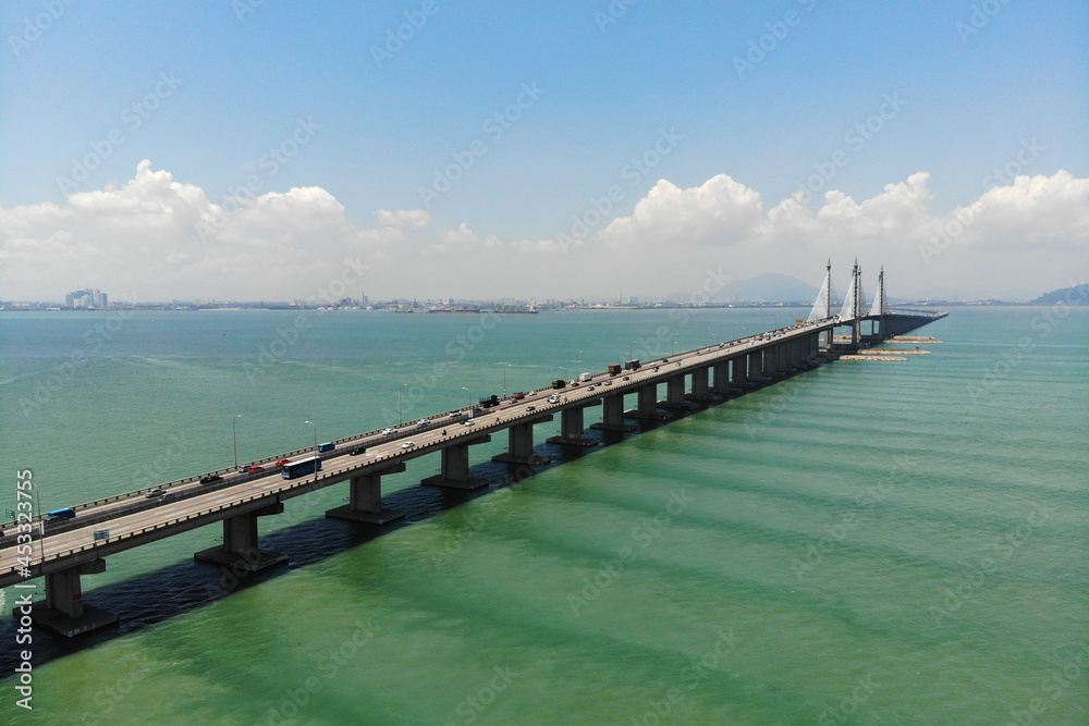 Penang Bridge from an aerial perspective. A 13.5KM length dual carriageway bridge in the state of Penang, Malaysia.