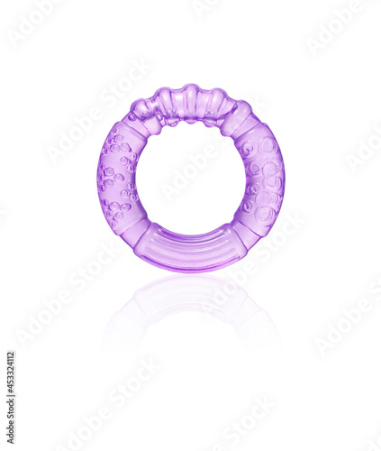 Purple round baby teether with different textures and water inside, isolated