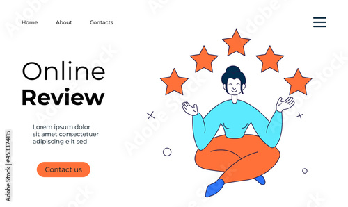 Online review concept landing page. Customer feedback on website. Five star feedback with happy young woman. Thumb up, stars line icons. Landing page, mobile app, site. Vector illustration concept.