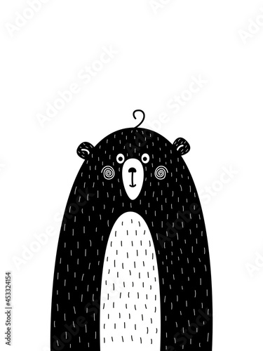 Poster with a cute bear in the Scandinavian style. Black and white hand-drawn print for children.