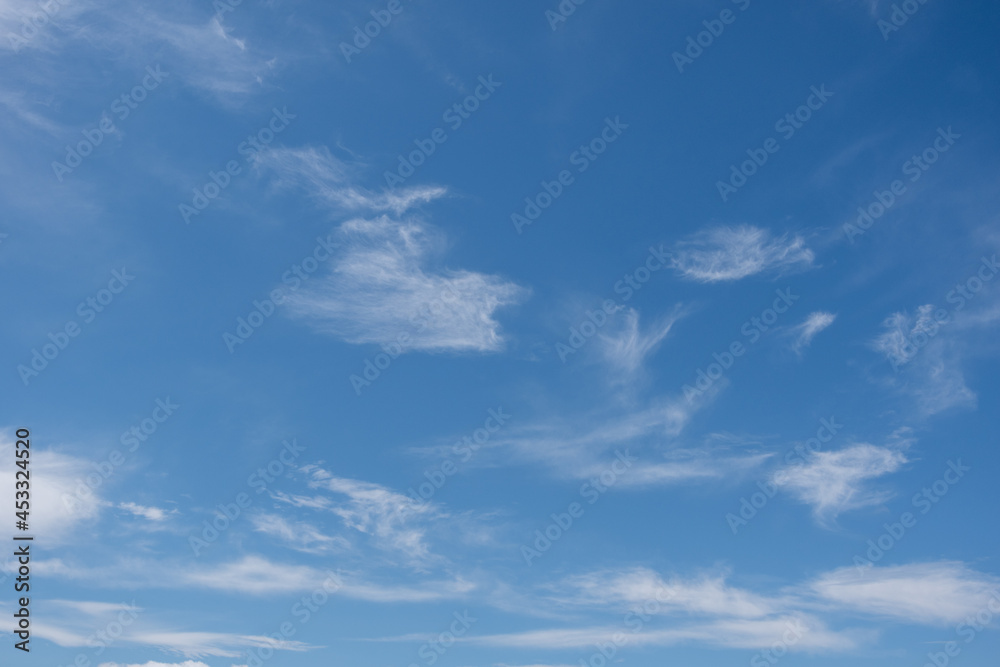 Beautiful cirrus clouds in the blue morning sky. Background of blue sky and white cirrus clouds in summer for your photos, mockup for design.