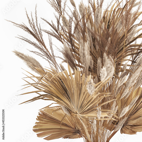 decorative bouquet of dried flowers in a vase with reeds on a white background