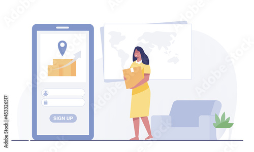 woman holding Parcel Box with mobile phone by delivery service. woman waiting to deliver parcels.