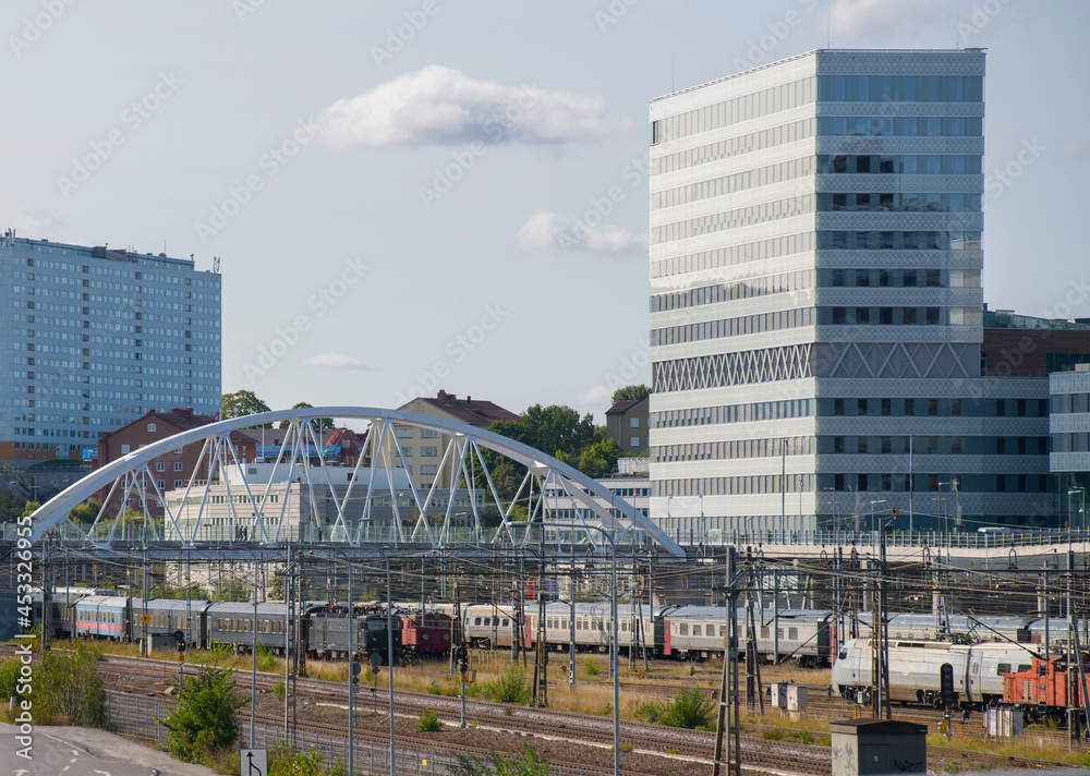 Fototapeta premium View over the The Hagalunds railway yard and depot with electrical trains at a mall in the district Solna in northern Stockholm