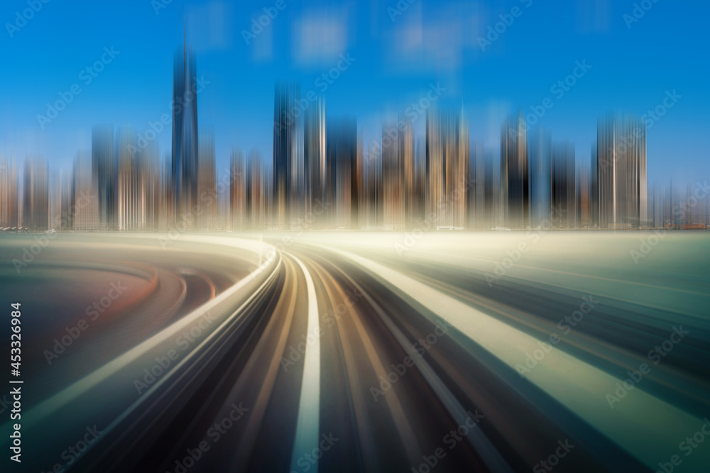 Futuristic scene Motion blur movement between elevated train line over the railroad tracks with building at the Loop line at New York city, USA, innovation and technology concept