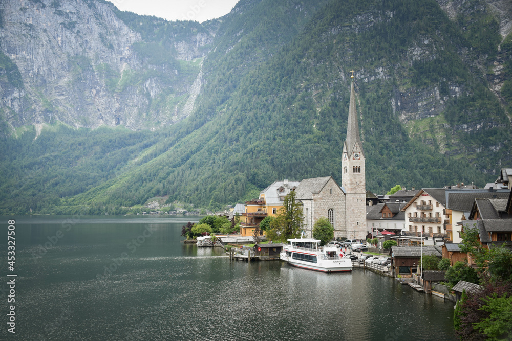 Beautiful summer view of Hallstatt with reflection. Hallstatt is a small town in Austria.