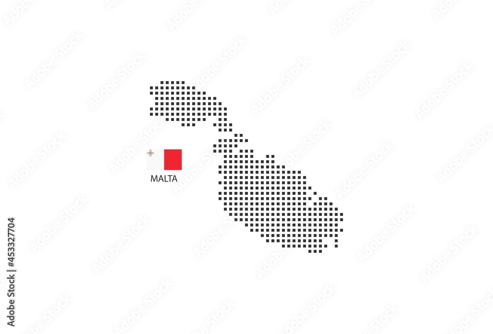 Vector square pixel dotted map of Malta isolated on white background with Malta flag.