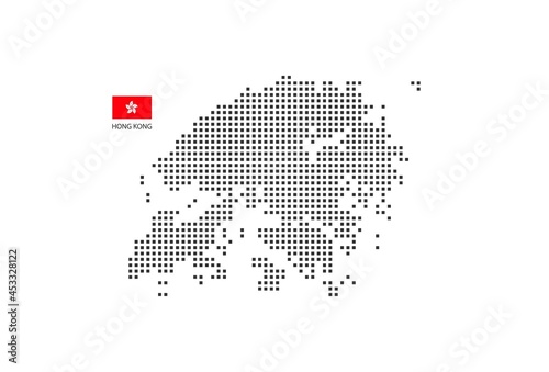 Vector square pixel dotted map of Hong Kong isolated on white background with Hong Kong flag.