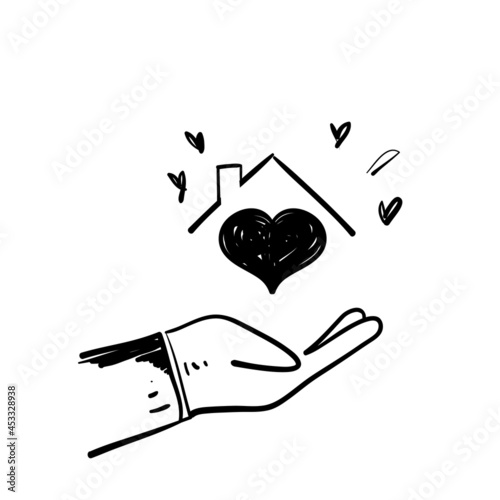 hand drawn doodle hand holding house with love illustration icon isolated