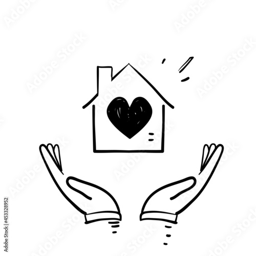 hand drawn doodle hand holding house with love illustration icon isolated