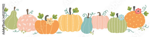 Cute pastel pumpkin border with leaves, Thanksgiving, harvest or Halloween seasonal vector background design
