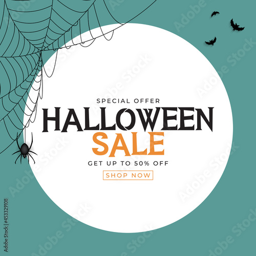 Blue Halloween sale poster with bat and spider. Vector Illustration