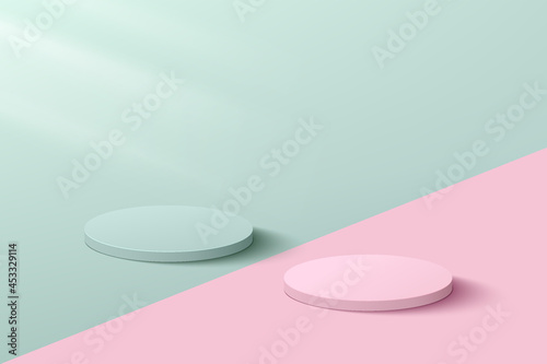 3D abstract studio room with pedestal podium. Pastel pink and light green geometric platform on contrast color floor. Minimal wall scene for cosmetic products, Showcase, Promotion case. Vector EPS10.