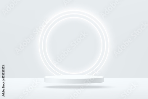 3D vector abstract studio room with pedestal podium. White, gray geometric platform floating on air with glowing neon ring. Futuristic silver scene for cosmetic products. Showcase, Promotion display. photo