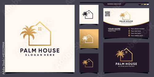 Creative palm and house logo with line art style and business card design Premium Vector