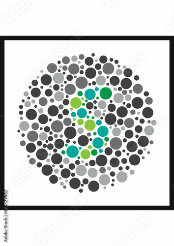 Vector graphic of Ishihara color test or Color blind test design. The Letter S cunningly hid inside an Ishihara inspired design. A color blindness test shaped color test plate with the Letter S.