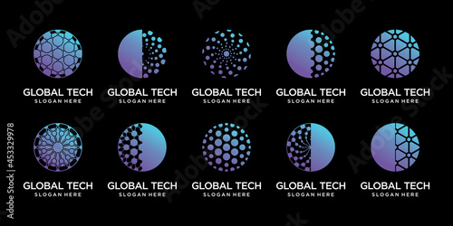 Set bundle of global technology logo design template with modern unique concept Premium Vector