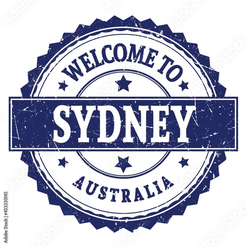 Photography WELCOME TO SYDNEY - AUSTRALIA, words written on blue stamp