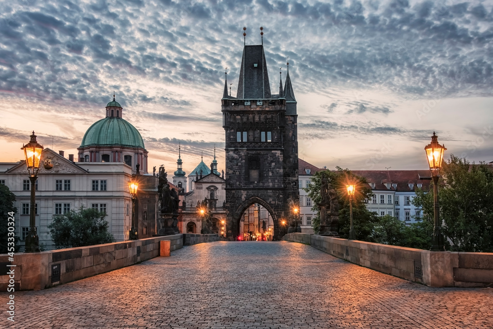 Charles Bridge in Prague at sunrise